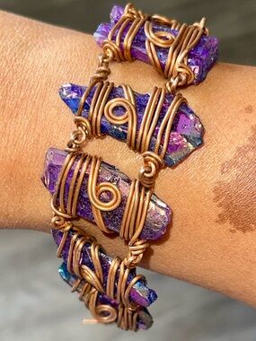 OOAK Titanium Agate Drusy in Copper Wire- Wrapped Bracelet Link: 7 1/2”-9”